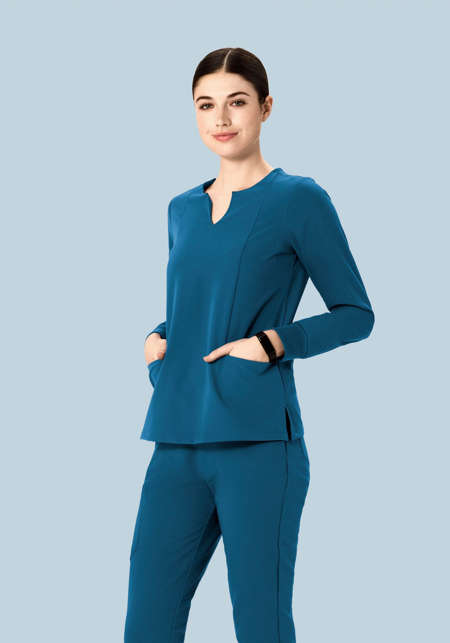 Long Sleeve Notch Neck Top Harbor Blue