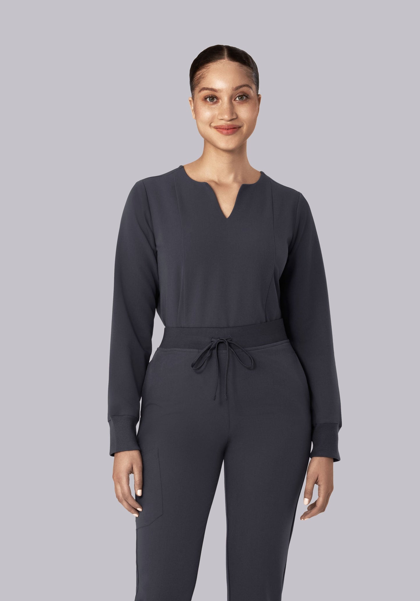 Long Sleeve Notch Neck Top Pewter