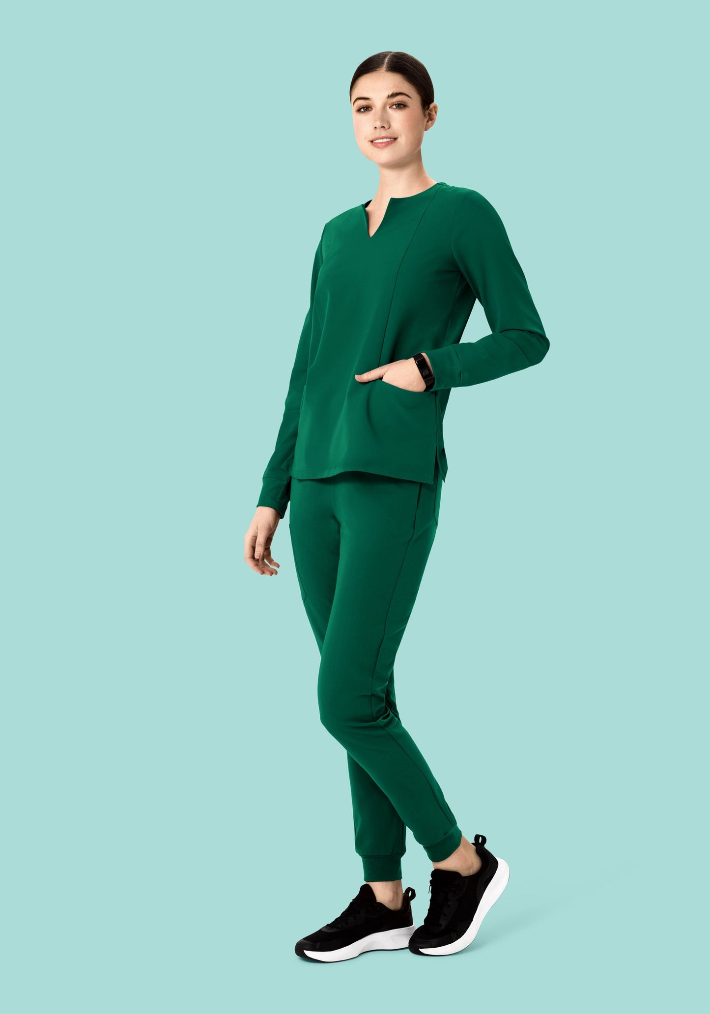 Long Sleeve Notch Neck Top Hunter Green