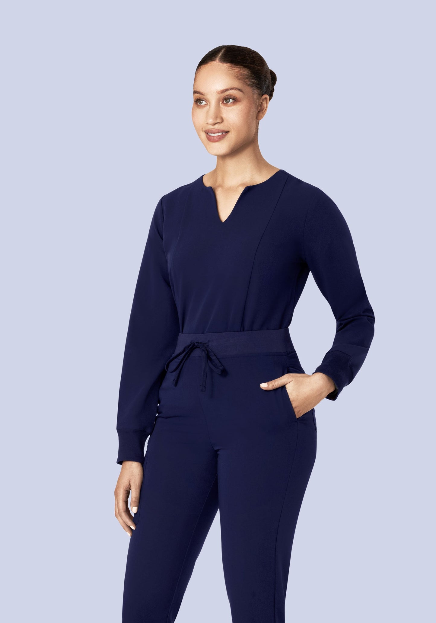 Long Sleeve Notch Neck Top Navy
