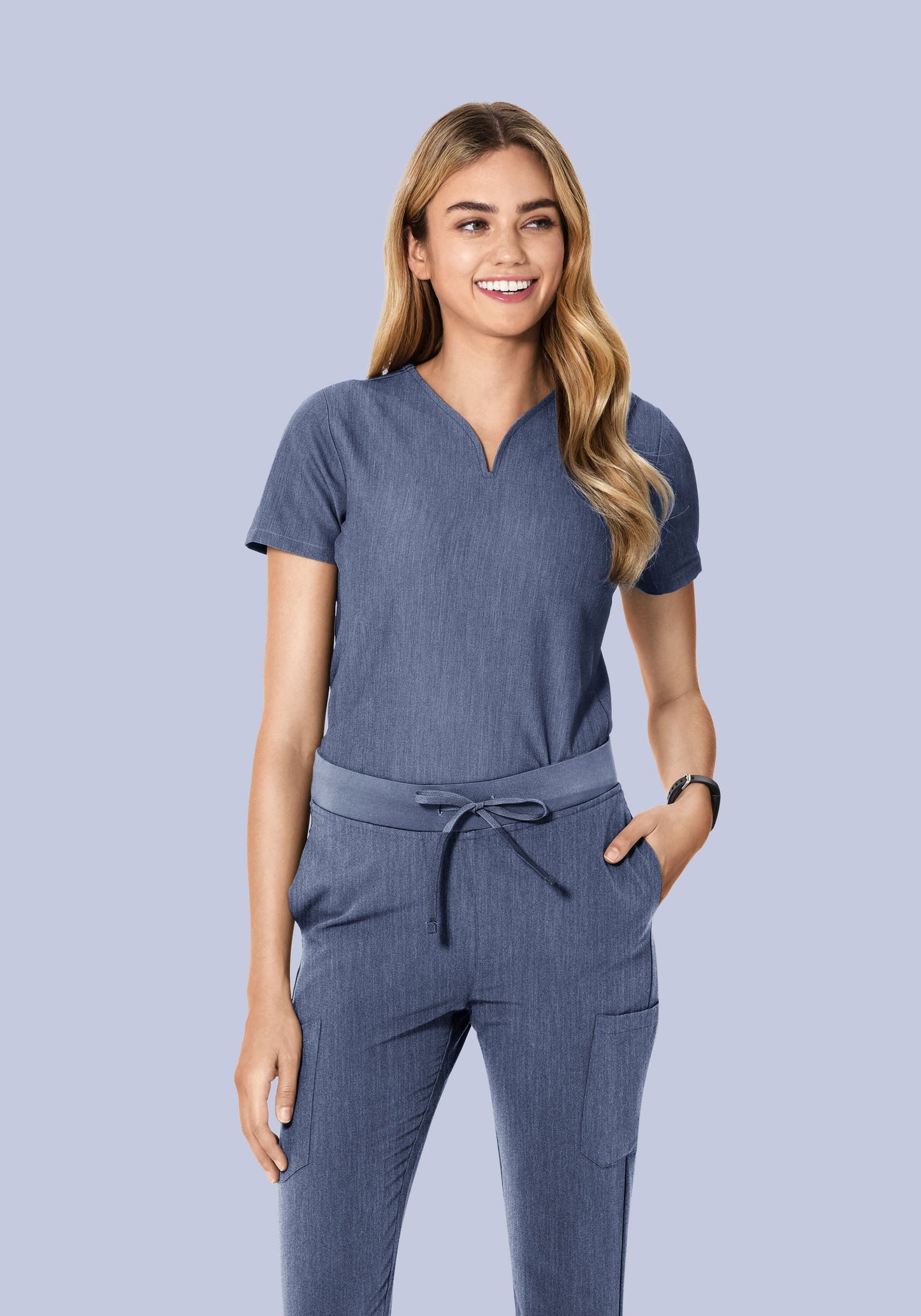 Curved V-Neck Top Heather Denim