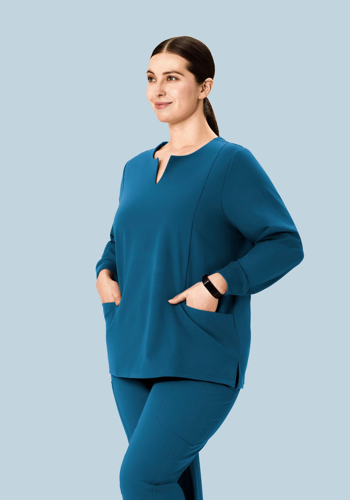 Long Sleeve Notch Neck Top Harbor Blue