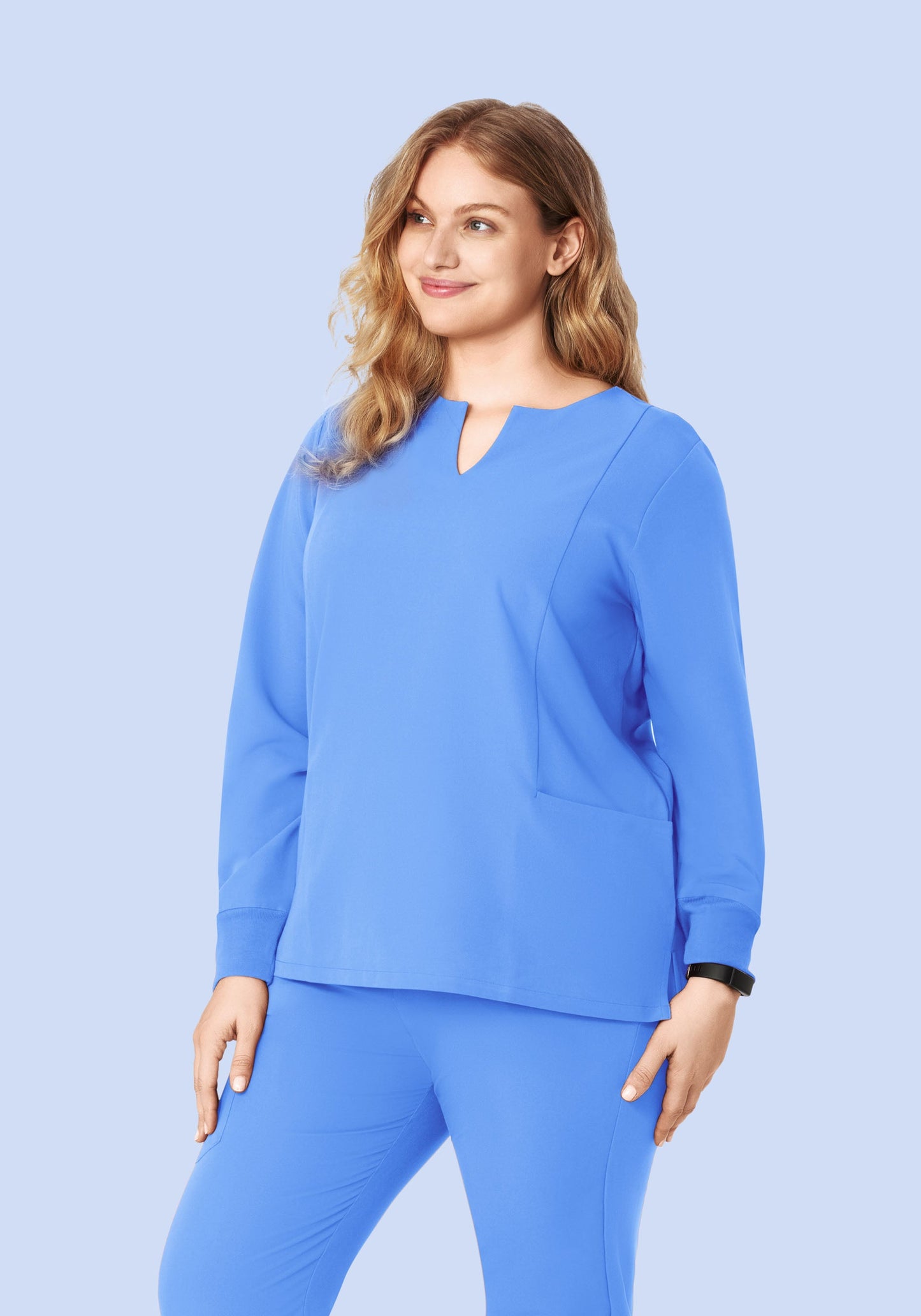 Long Sleeve Notch Neck Top Ceil Blue