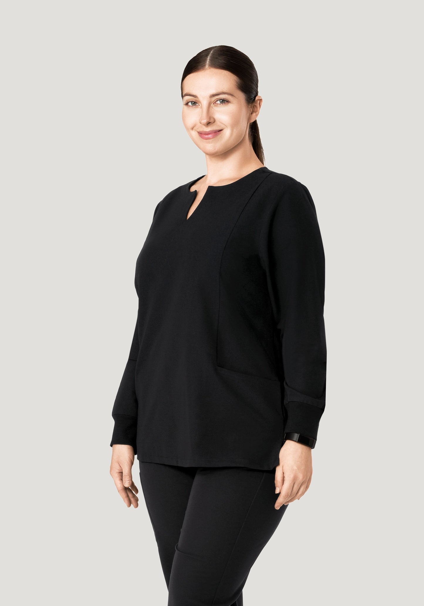 Long Sleeve Notch Neck Top Black