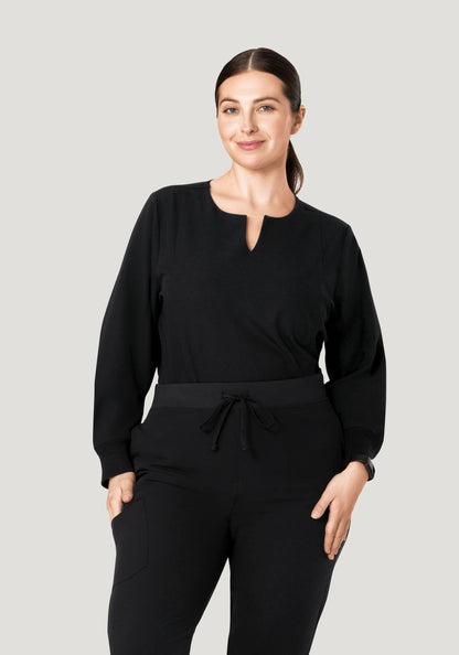 Long Sleeve Notch Neck Top Black