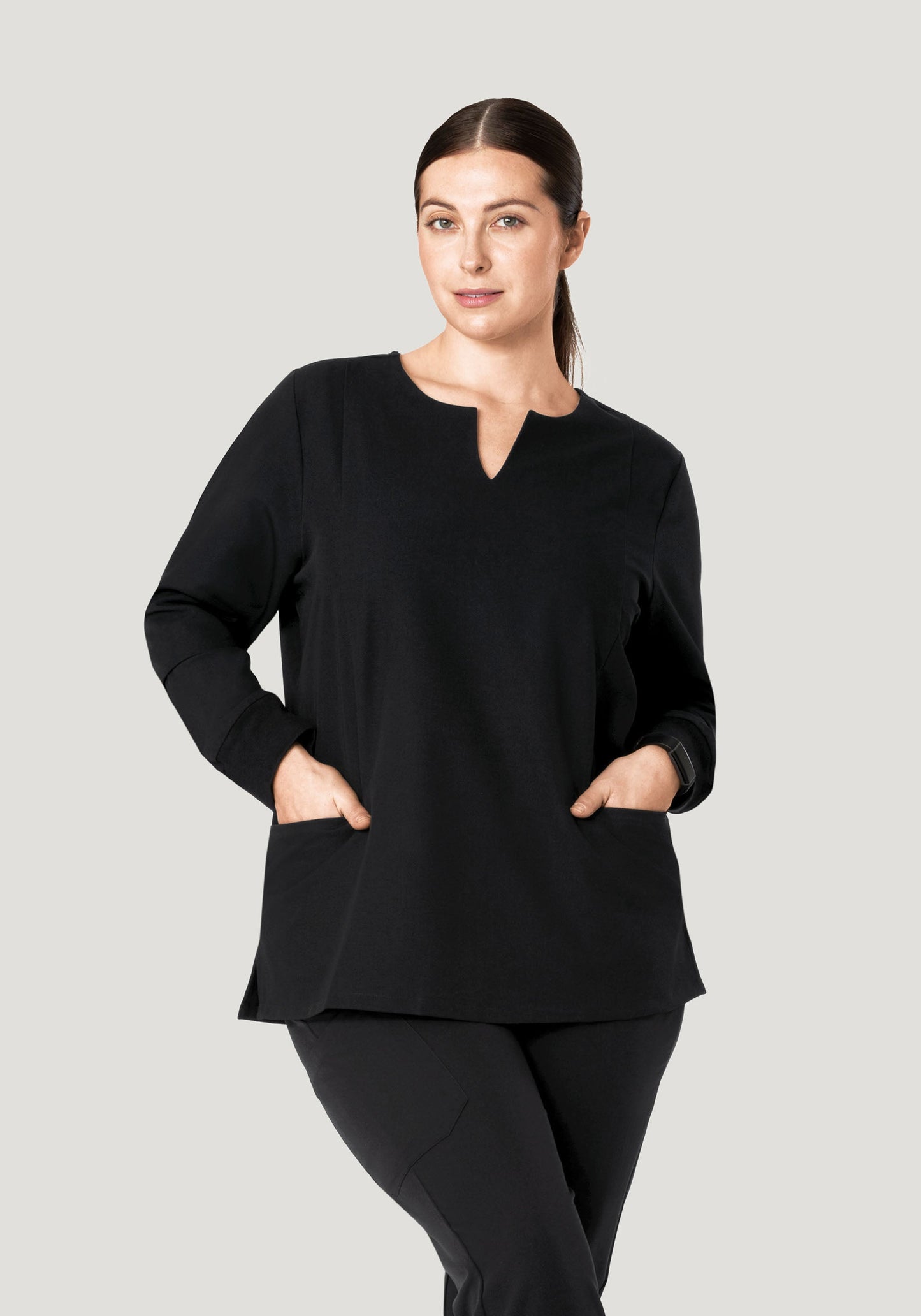 Long Sleeve Notch Neck Top Black