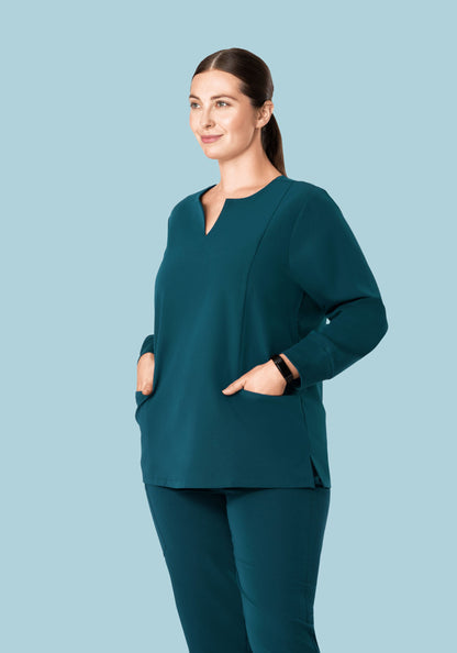 Long Sleeve Notch Neck Top Caribbean Blue