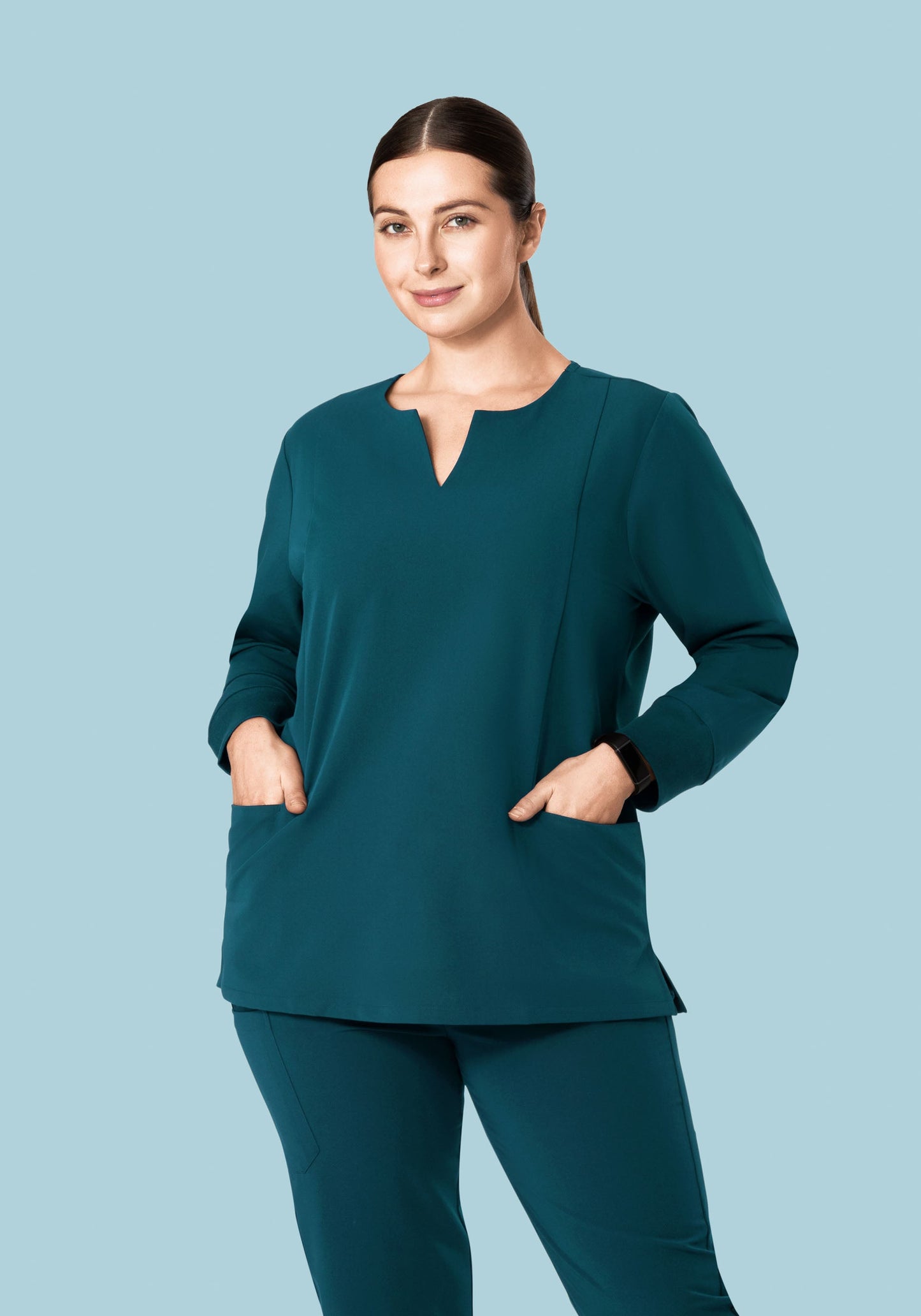Long Sleeve Notch Neck Top Caribbean Blue