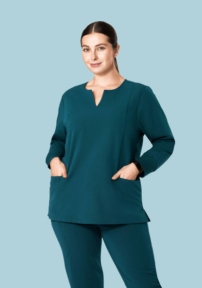 Long Sleeve Notch Neck Top Caribbean Blue