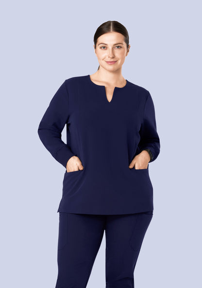 Long Sleeve Notch Neck Top Navy