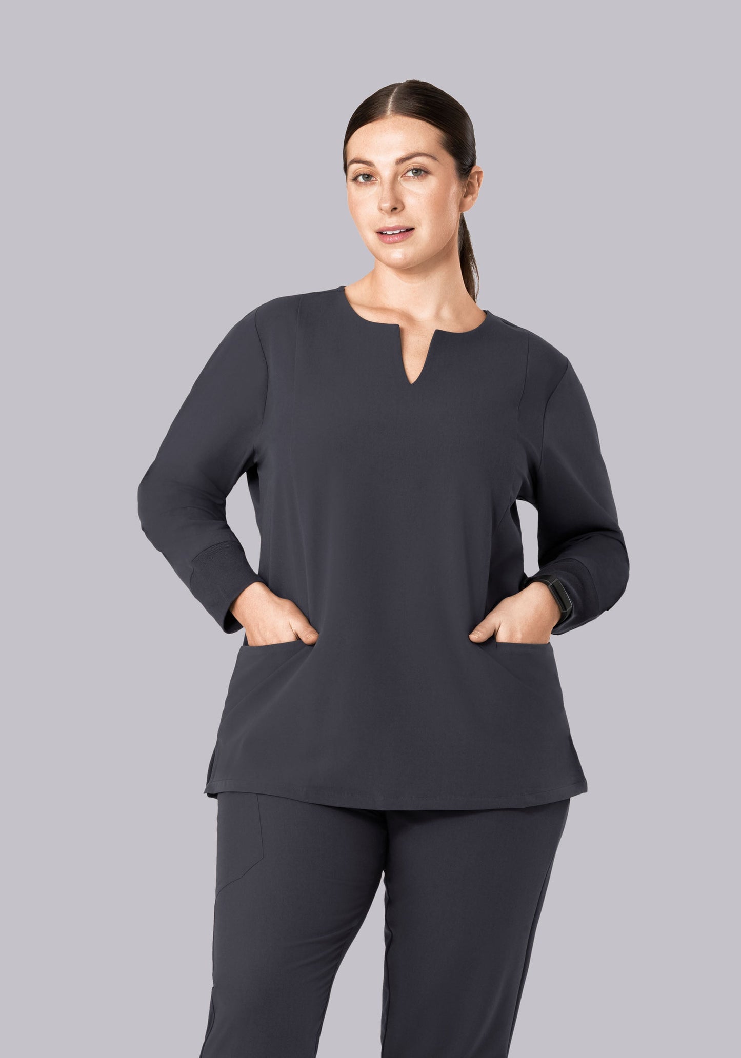 Long Sleeve Notch Neck Top Pewter