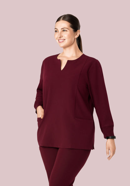 Long Sleeve Notch Neck Top Wine