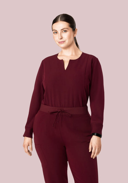Long Sleeve Notch Neck Top Wine