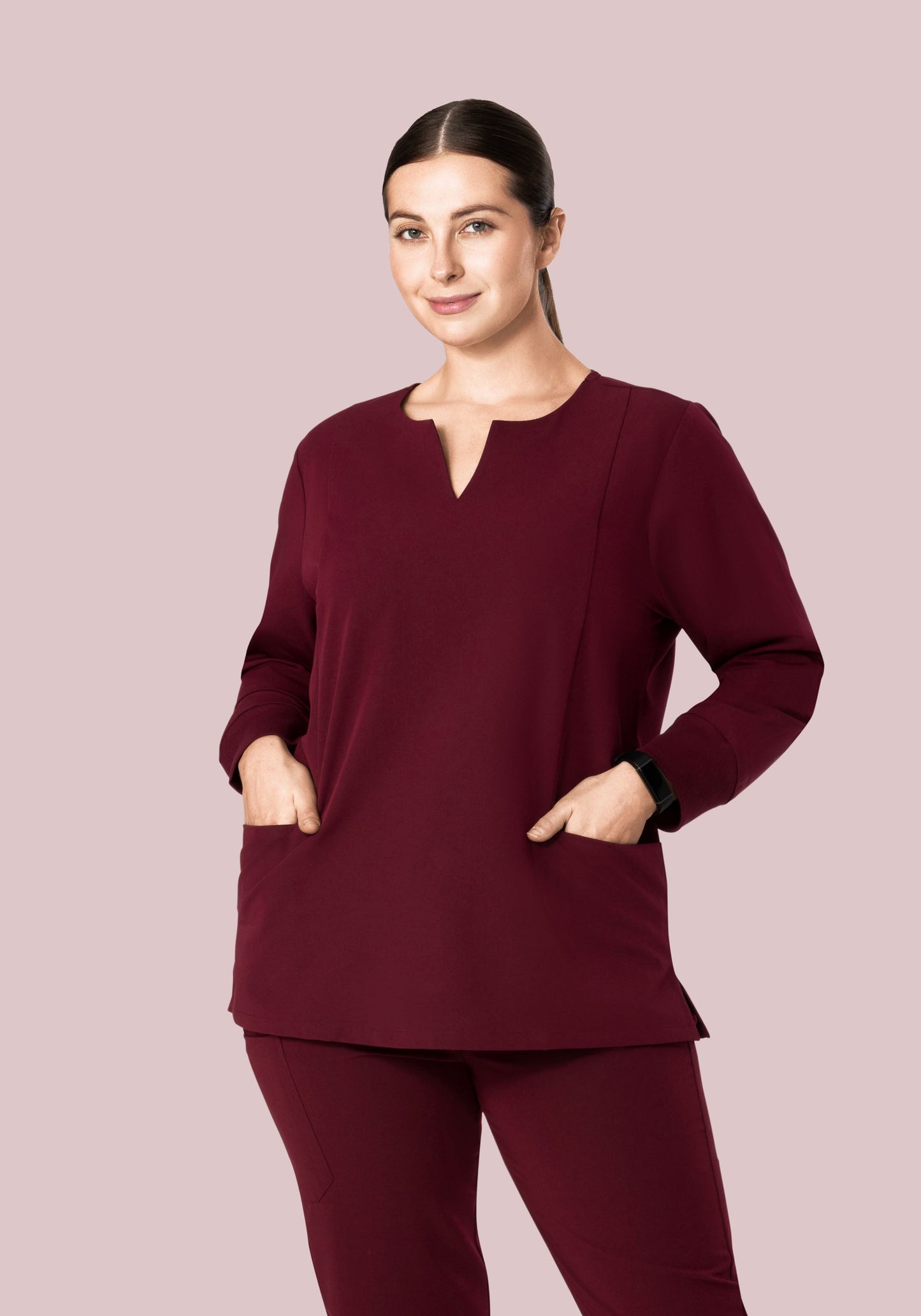 Long Sleeve Notch Neck Top Wine