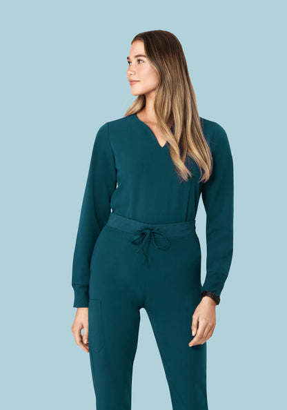 Long Sleeve Notch Neck Top Caribbean Blue