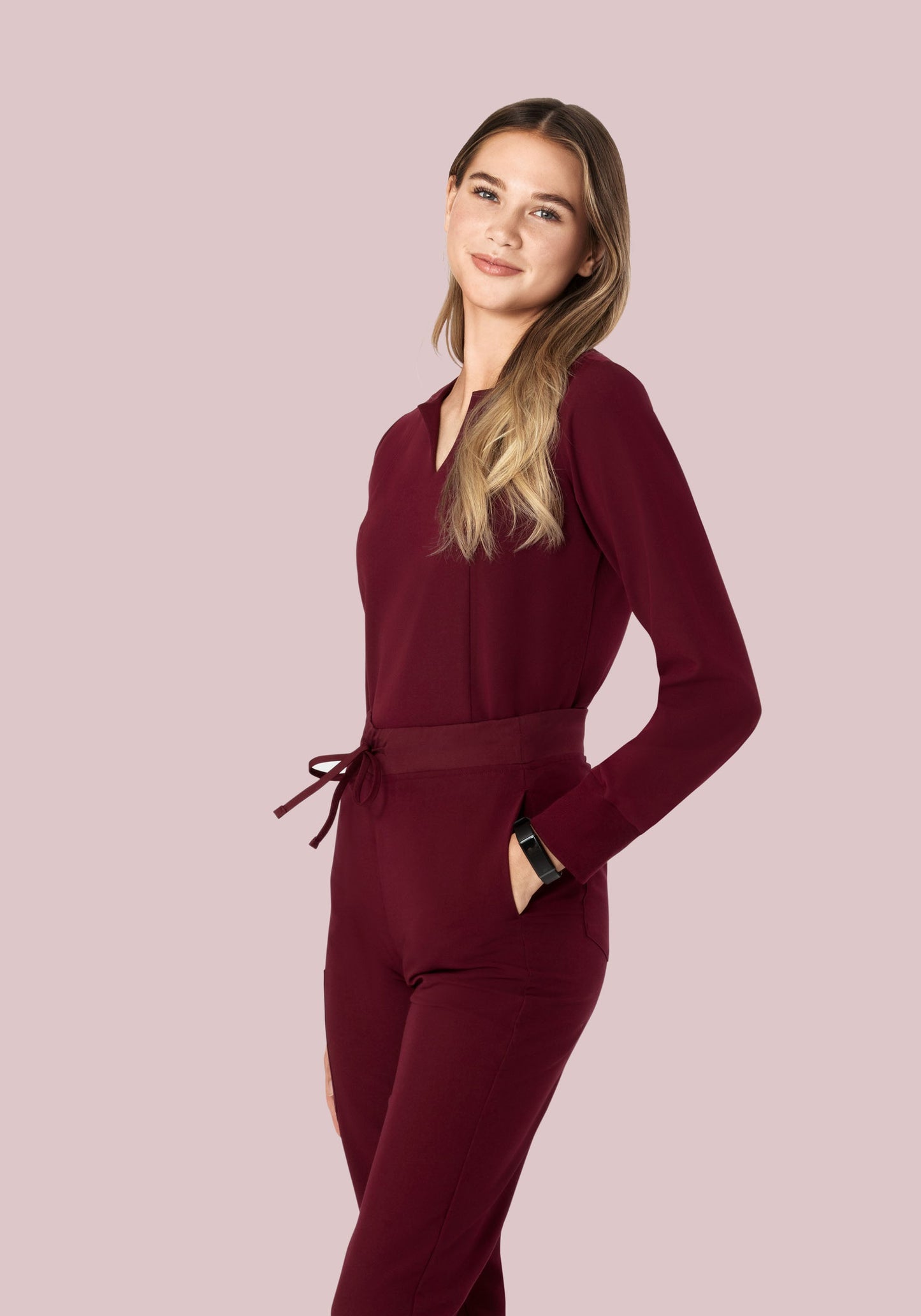 Long Sleeve Notch Neck Top Wine