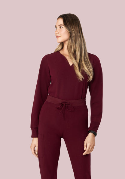 Long Sleeve Notch Neck Top Wine