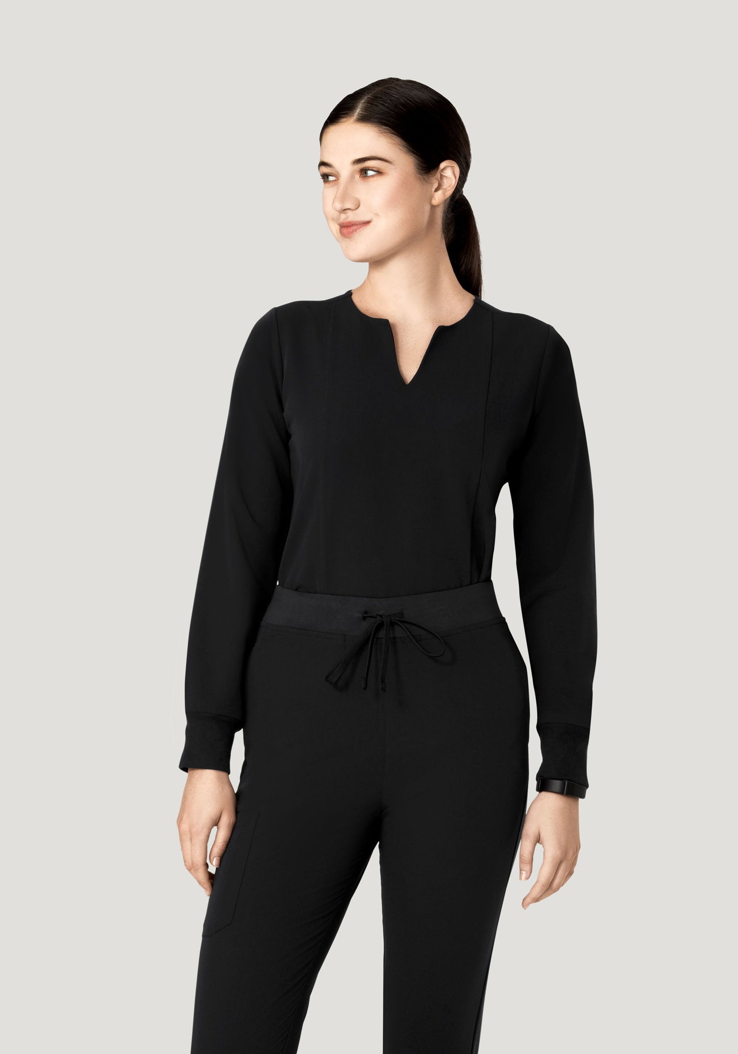 Long Sleeve Notch Neck Top Black