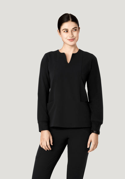 Long Sleeve Notch Neck Top Black