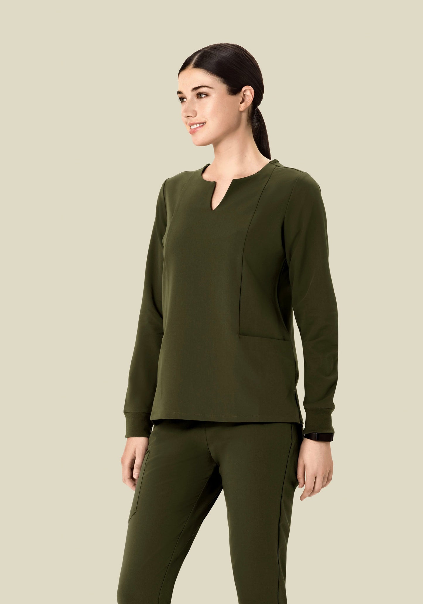 Long Sleeve Notch Neck Top Olive