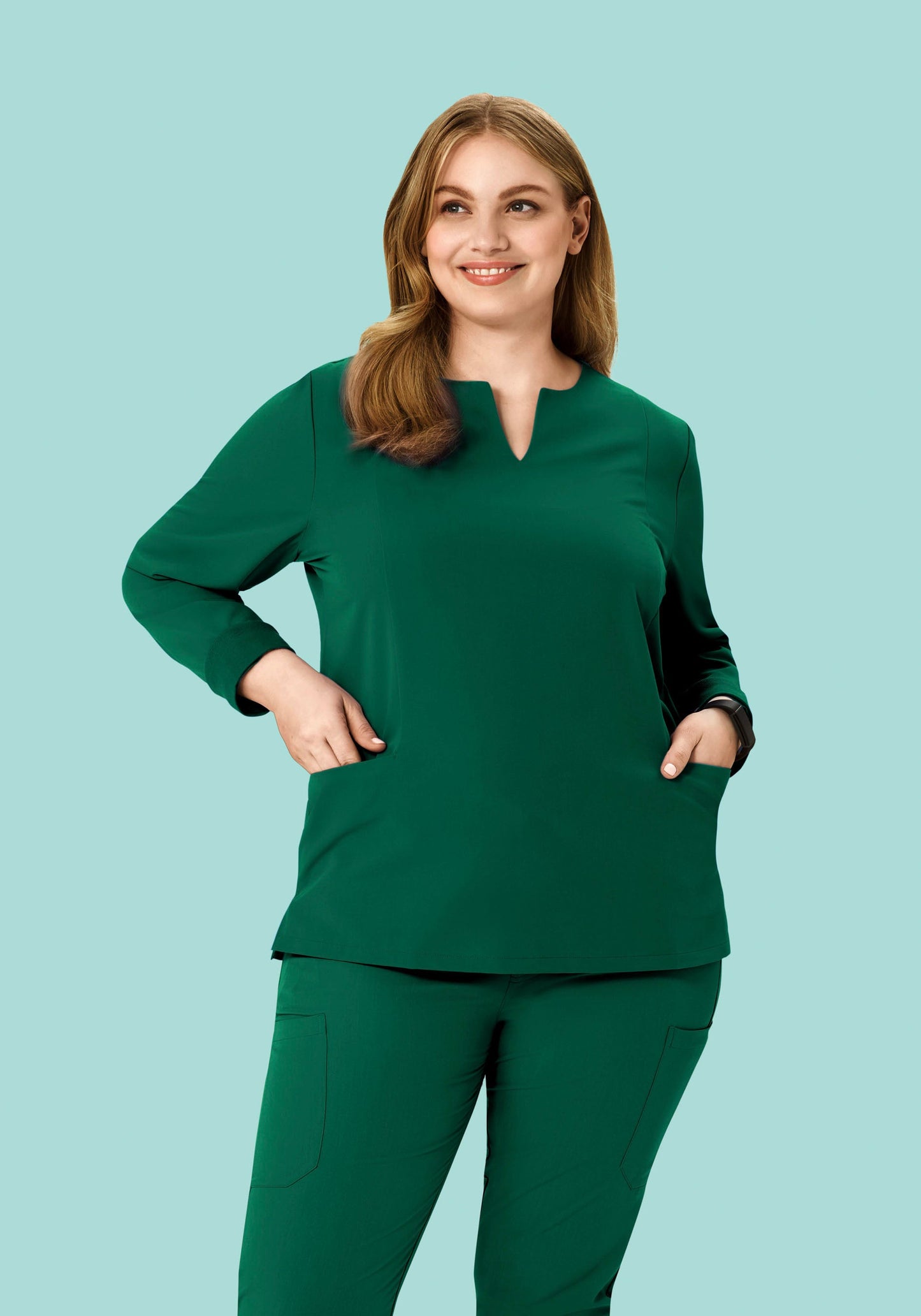 Long Sleeve Notch Neck Top Hunter Green