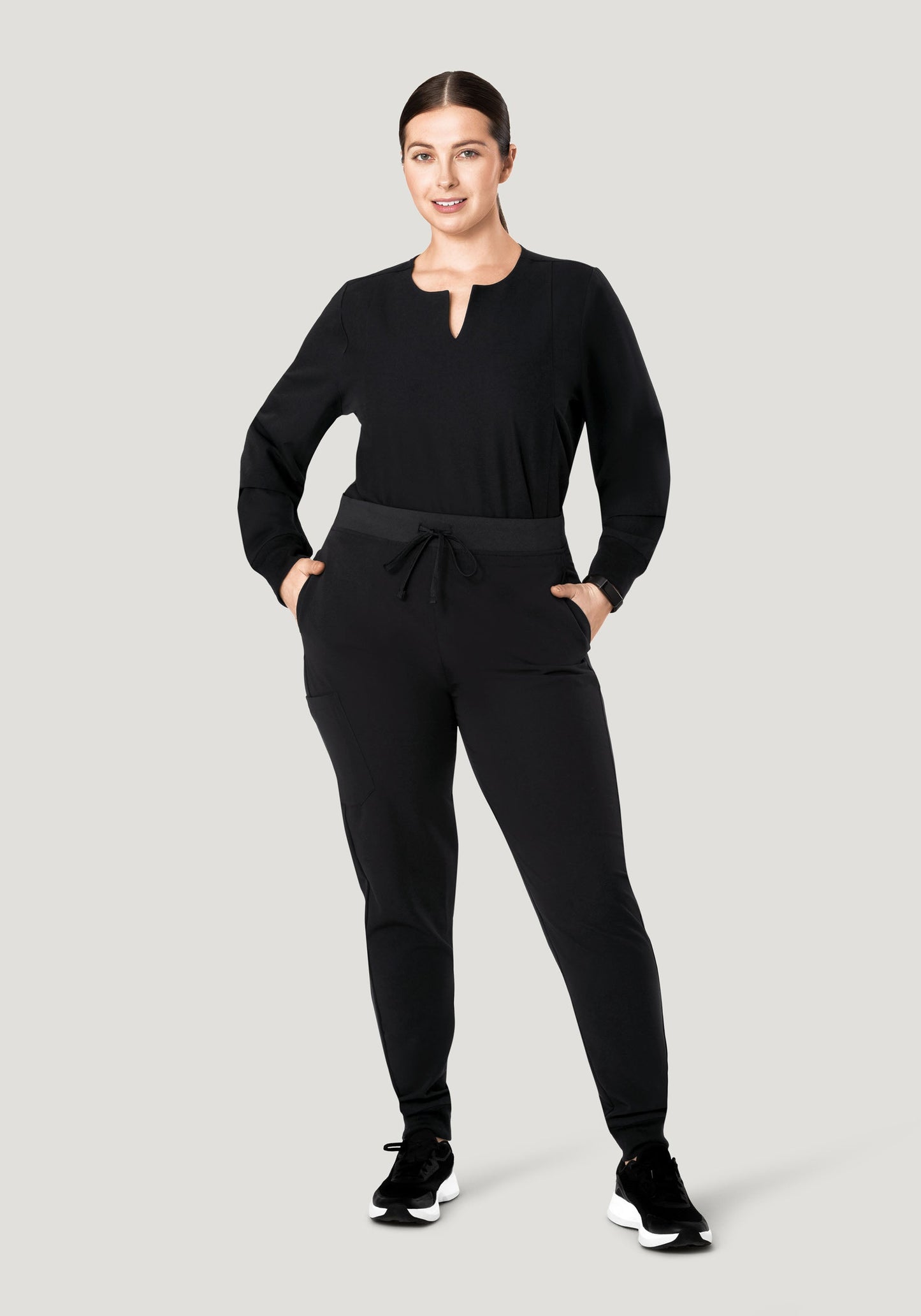 Long Sleeve Notch Neck Top Black