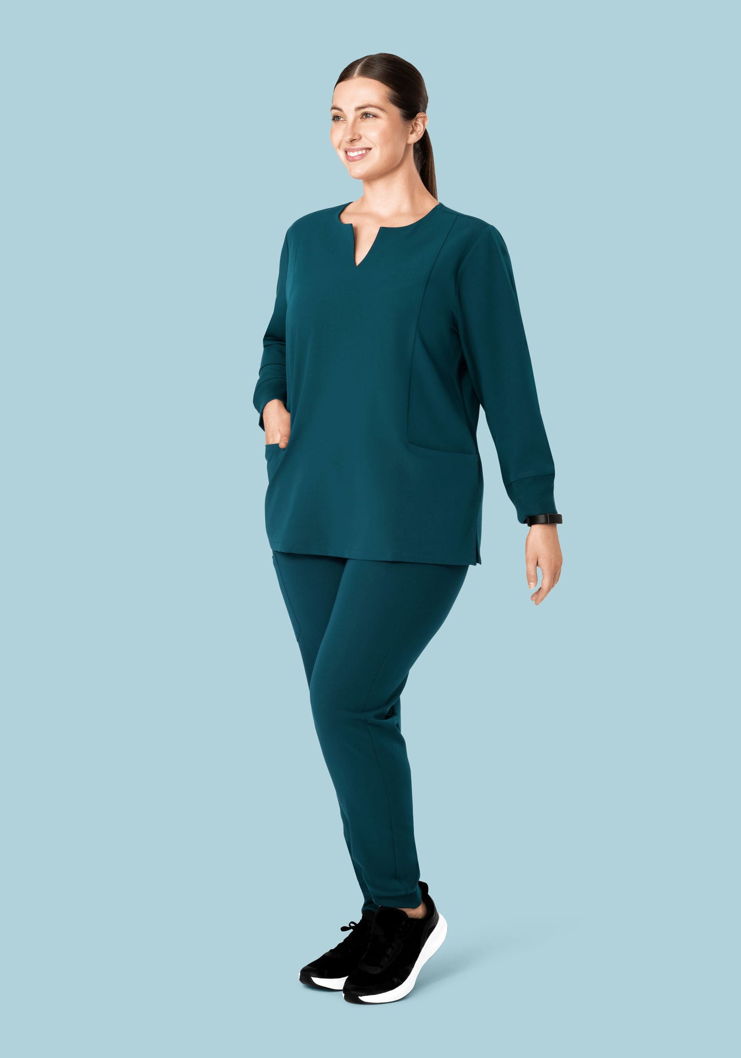 Long Sleeve Notch Neck Top Caribbean Blue