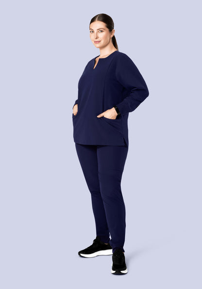 Long Sleeve Notch Neck Top Navy