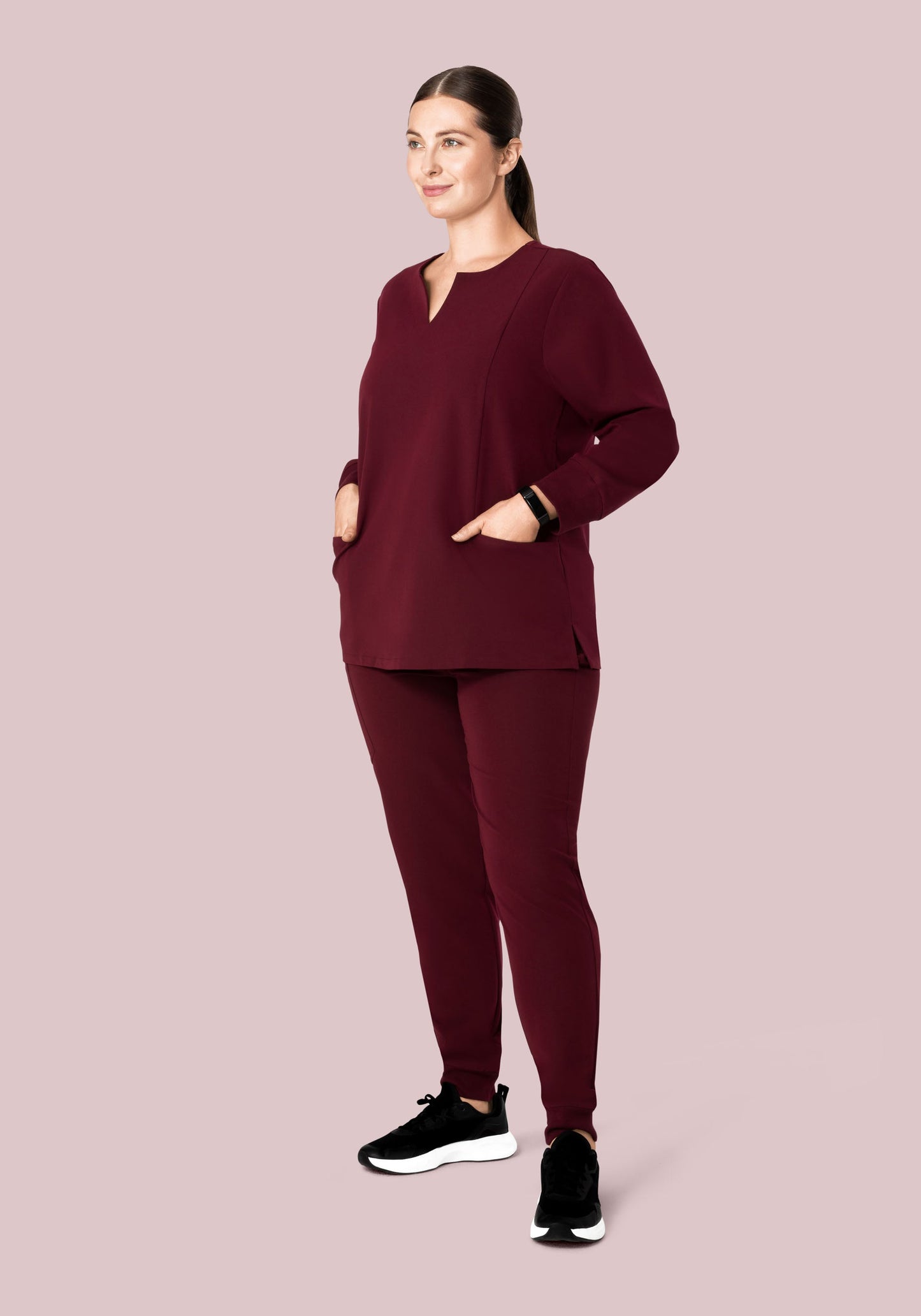 Long Sleeve Notch Neck Top Wine