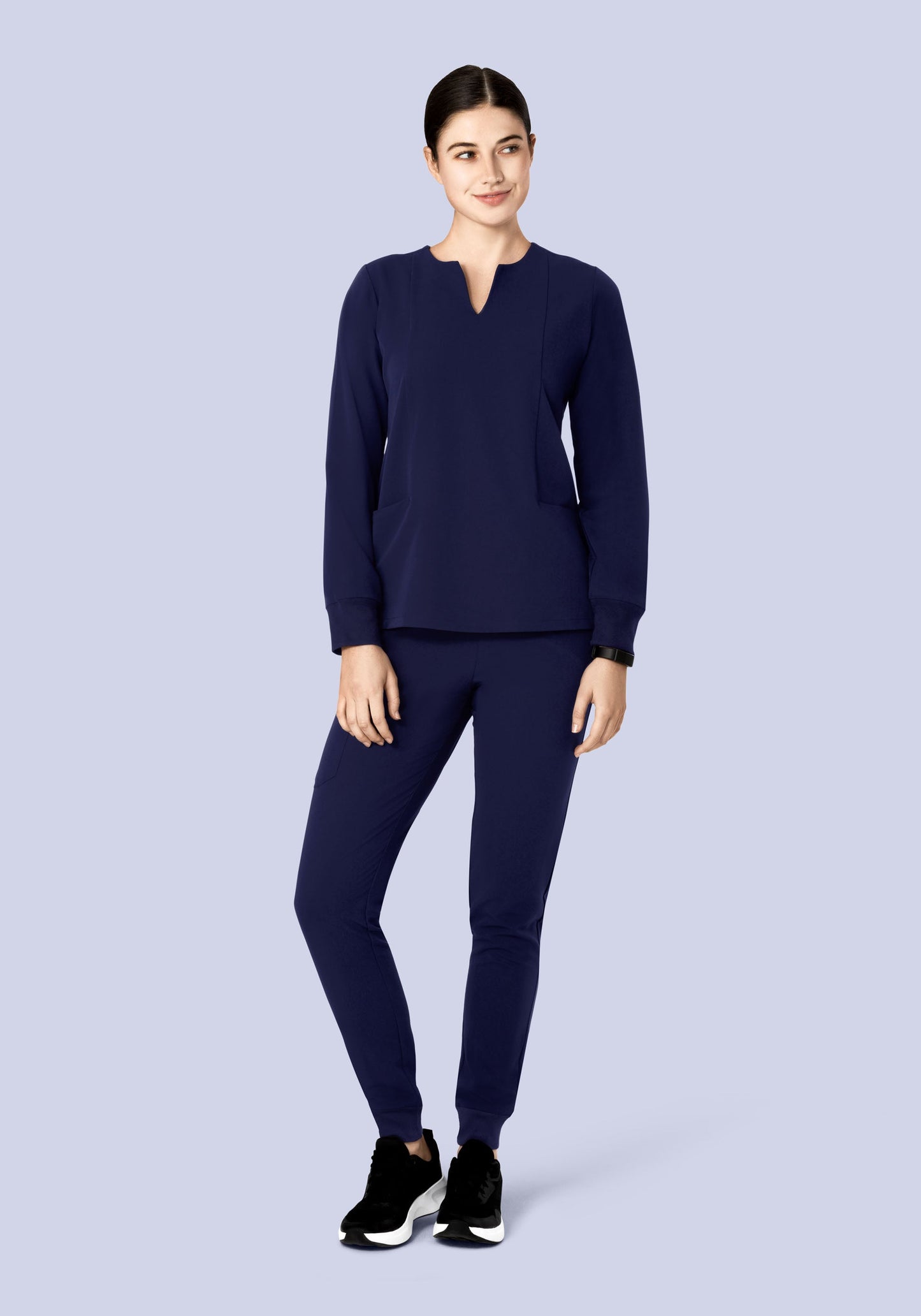 Long Sleeve Notch Neck Top Navy