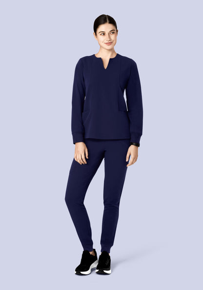 Long Sleeve Notch Neck Top Navy