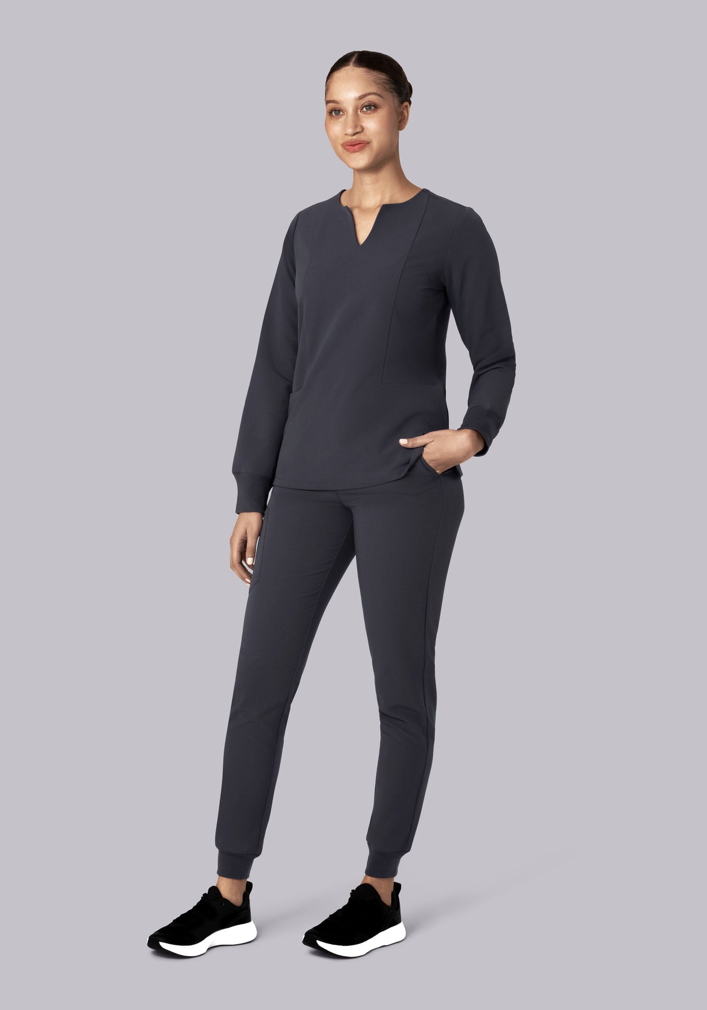 Long Sleeve Notch Neck Top Pewter