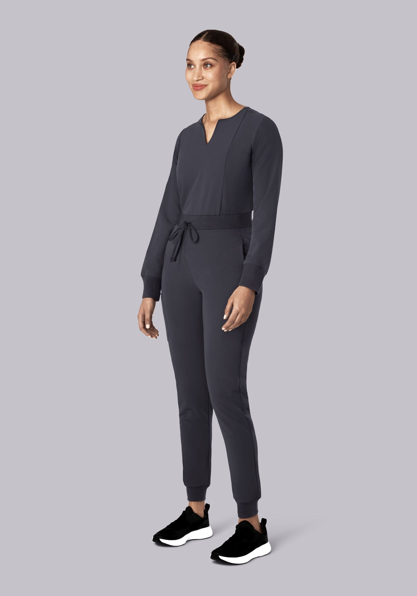 Long Sleeve Notch Neck Top Pewter