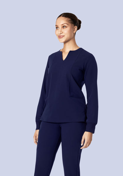 Long Sleeve Notch Neck Top Navy