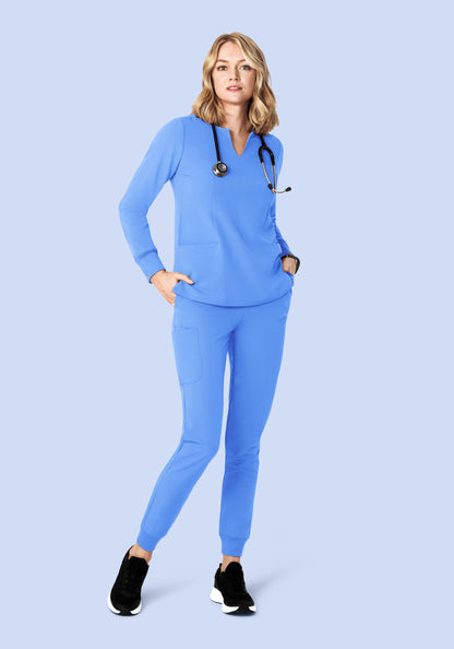 Long Sleeve Notch Neck Top Ceil Blue